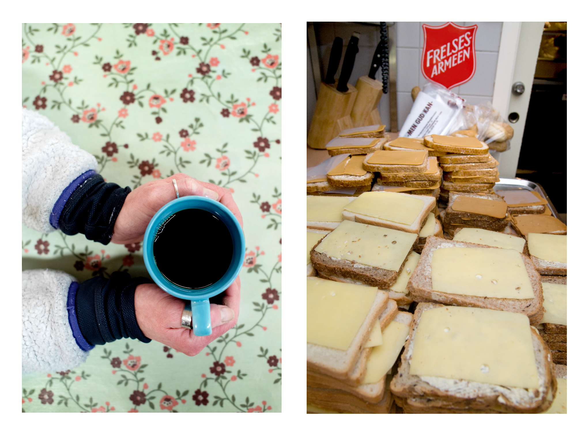 Hender som holder kaffekopp og smurte brødskiver